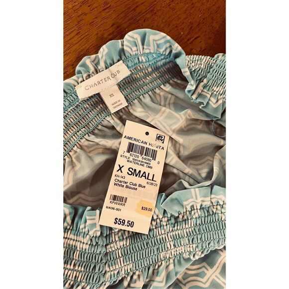Charter Club Blue White Off the Shoulder Blouse WOmens SZ XS New - Picture 6 of 10